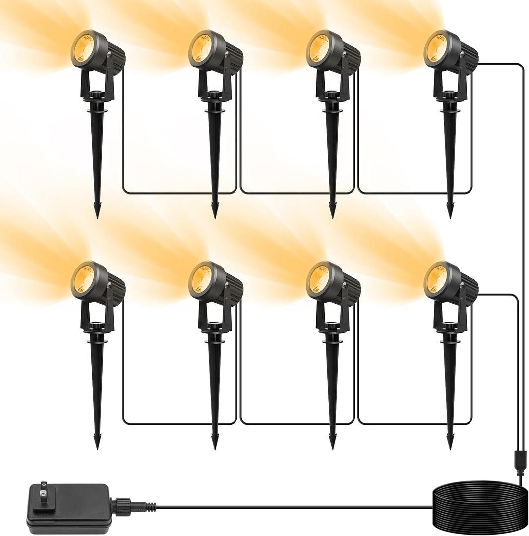 VOLISUN Outdoor Uplight Landscape Spotlight with Transformer, Low Voltage Landscape Lighting with Stakes 8Pack Outdoor Uplights for House, Flags,131.2ft Cable IP65 Waterproof Warm White (8 Pack)