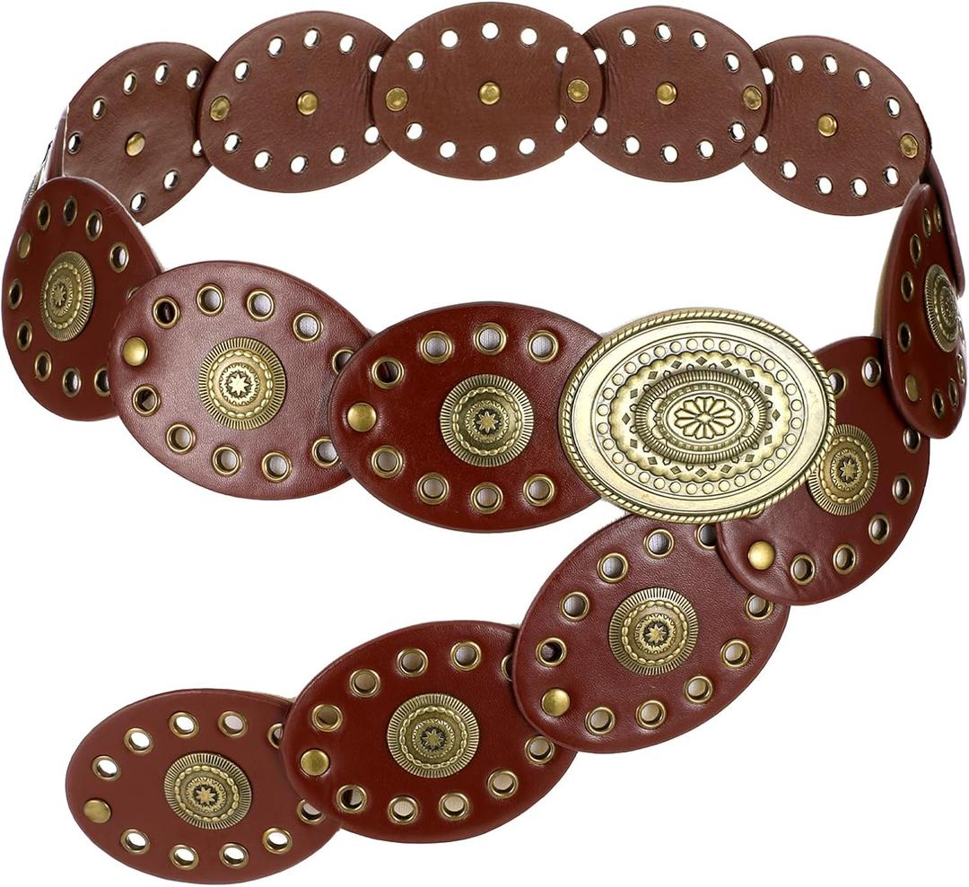 Womens Western Cowgirl Disc Belt, Vintage Wide Cowgirl Leather Oval Belts with Oval Buckle, Boho Leather Hollow Out Round Western Cowboy Cowgirls Waist Belt