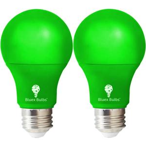 Bluex Bulbs 2 Pack BlueX LED A19 Green Light Bulb - 9W (60Watt Equivalent) - E26 Base LED Lights, Party Decoration, Porch, Home Lighting, Holiday Lighting, Decorative Illumination Bulb