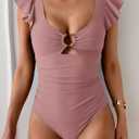 Eomenie Womens Ruffled One Piece Swimsuit Slimming Tummy Control Bathing Suit V-Neck Cutout Swimwear for Resort Wear Bare Pink M 
