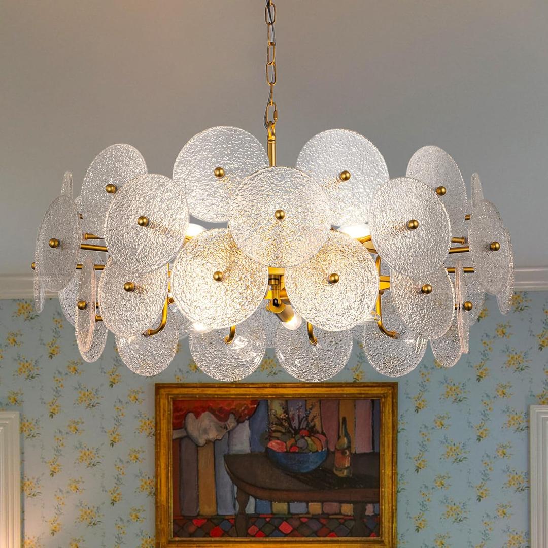 TOCHIC Modern Glass Chandelier 31.6", 10 Lights Large Farmhouse Chandelier Light Fixture for Dining Room, Luxury Gold Hanging Chandeliers with Seeded Glass for Bedroom Living Room Kitchen Kids Room