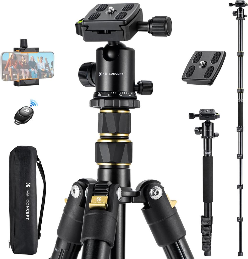 K&F Concept Camera Tripod72" Aluminum Tripod for Camera, Lightweight and Foldable Travel Tripod with Remote& Extra Quick Release Plate, Professional Camera Tripod Monopod for DSLR Camera and Phone. (Black Gold Upgrade)