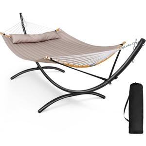 Portable Double Hammock with Stand, Outdoor Standing 2 Person Hammock Combo, Patent Pending, Tan