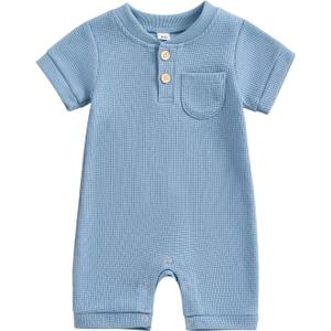 Kuriozud Newborn Infant Unisex Baby Boy Girl Clothes Button Romper Jumpsuit Basic One Piece Outfits (3-6 Months, Waffle Short Sleeve Blue)
