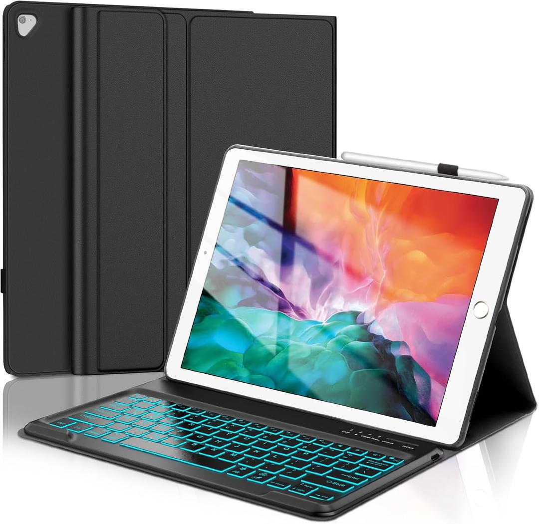 for iPad Pro 12.9 Case with Keyboard 12.9 inch 2nd/1st Gen, 7 Colors Backlit Magnetic Detachable Wireless Keyboard, Folio PU Leather Case with Pen Holder for Apple iPad Pro 12.9'' 2017/2015 Old Model