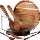 Large Glass Salad Bowl Set, Party Salad Bowl with Acacia Wood Base and Lid as Cheese Charcuterie Board and Plate, Comes with 5 Pieces Elegant Wood Serving Utensils