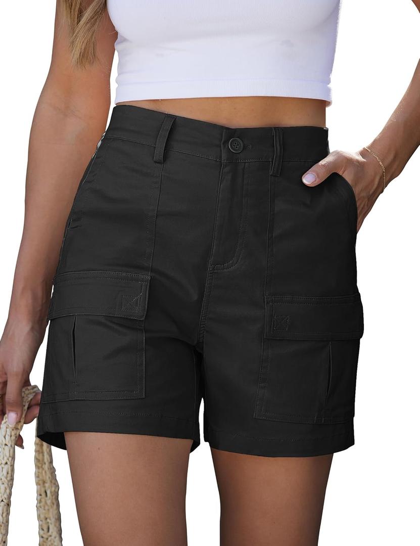 luvamia Cargo Shorts for Women Trendy High Waisted Casual Summer Knit Elastic Back 5 Inch Inseam Mid Thigh Chino Shorts (X-Large, Black)