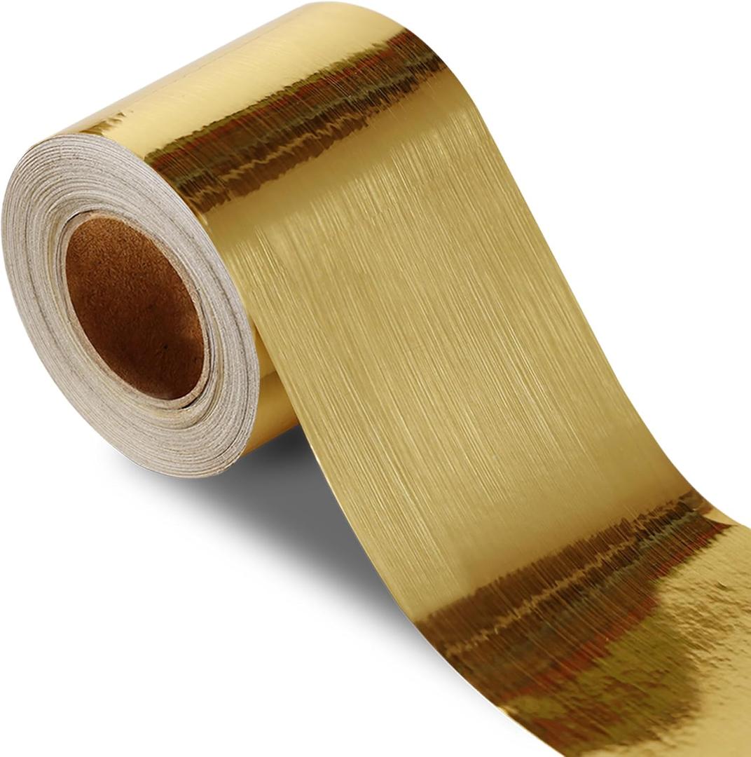 Brushed Gold Peel and Stick Wallpaper Border, PVC Self Adhesive Removable Contact Paper, Waterproof Mirror Frame Sticker for Bathroom, Kitchen and DIY Decor (394''L x 7.88''W)