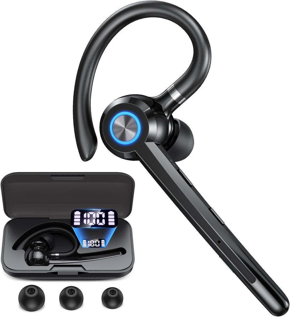 Bluetooth Headset with Microphone,V5.4 Bluetooth Earpiece with Charing Case 150H Standby Time Hands Free Headset with Noise Canceling for Work Business Office Trucker(Black)