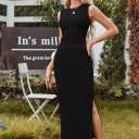 HUUSA Womens Two Piece Outfits Summer Bodycon Sleeveless Crewneck Crop Tank Tops Ribbed Split Long Skirt Dress Set (Black, S)