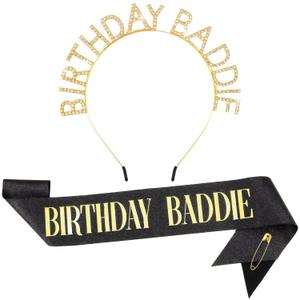 Birthday Baddie Sash and Crown Tiara for Women Girls - Black Glitter with Gold Foil Birthday Girl Sash and Rhinestone Headband Funny Party Favor Decorations