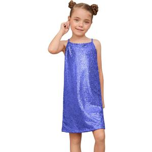 Perfashion Girls Sequin Dress Adjustable Spaghetti Strap Pencil Cami Midi Bodycon Dress Sparkly Party 6-15Y (Blue)