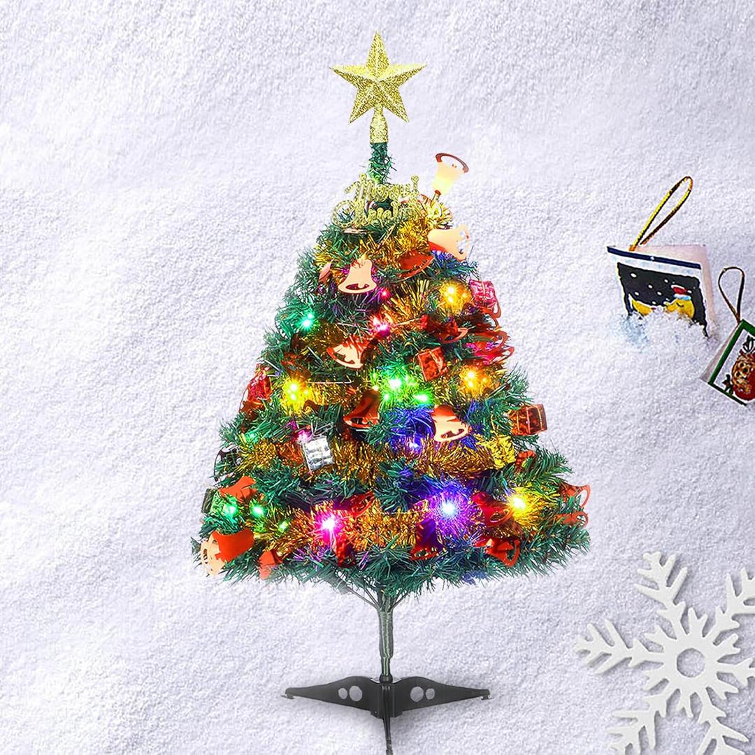 24"/60cm Tabletop Xmas Tree, Artificial Mini Christmas Pine Tree with LED String Lights & Ornaments