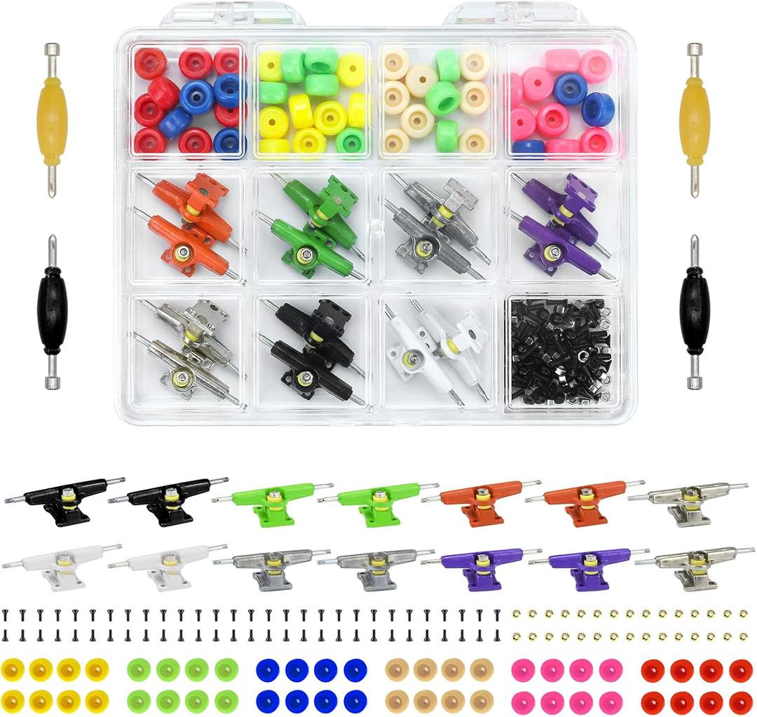 156PCS Fingerboard Repair Kit -Includes Case & Tools-Mini Finger Skateboard Parts Include 14 Multicolors Trucks & 48 Multicolour Bearingless Wheels & 60 Screws & 30 Nuts & 4 Screwdriver