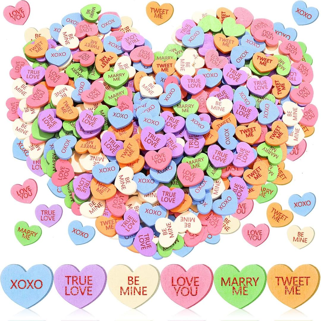Maitys 300 Pcs Valentine's Day Conversation Hearts Vase Filler Wooden Conversation Hearts Decor Valentine Table Decorations Wedding Scatter Table Confetti for Crafts Wedding Bridal Shower Decorations