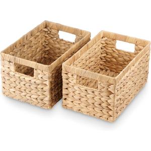 Water Hyacinth Storage Baskets Set of 2 - Medium Decorative Wicker Baskets for Organizing Shelves, Rectangular Woven Storage Bins with Handles for Pantry, Bathroom, Living Room 13"x9"x7"