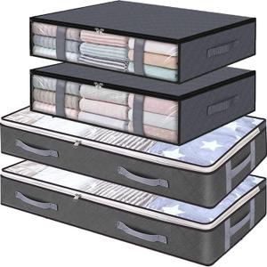 Under Bed Storage Large Underbed Storage Bags Organizer Container Blankets Clothes Comforters Foldable Storage Bags With Clear Window Foldable Travel Bedroom Storage Storage Bags with (Grey-a, A) 20x40 inch, 4 pack