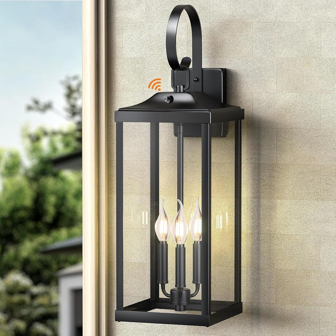 24" Extra Large Dusk to Dawn Outdoor Wall Light, Black 3-Light Waterproof Exterior Wall Mount Porch Lantern, Modern Outside Wall Sconce Coach Light with Clear Glass, E12, 1-Pack