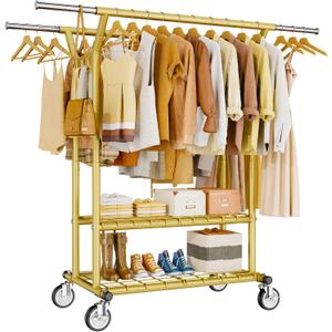 HYSEYY Heavy Duty Clothes Rack, Rolling Clothing Racks With Shelves Load 620 LBS, Double Rod Clothing Racks for Hanging Clothes, Portable& Adjustable Clothes Rack with Wheels Garment Rack,Gold