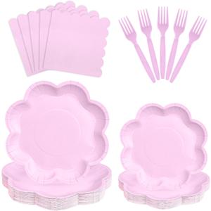 96 Pcs Purple Paper Plates and Napkins Set 9'' Mothers Day Plates, 7'' Dessert Plate, Plastic Forks, lavender Party supplies for Baby Shower Wedding Bridal Shower Birthday