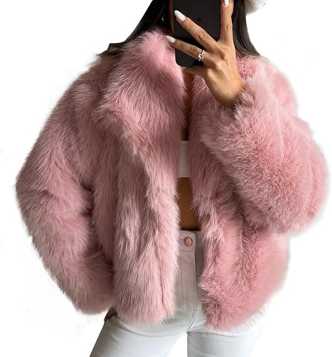 JENNIFERM, Women's Cropped Faux Fur Jacket Fashion Solid Color Lapel Warm Winter Coat Furry Outerwear, Medium Size, Pink Color
