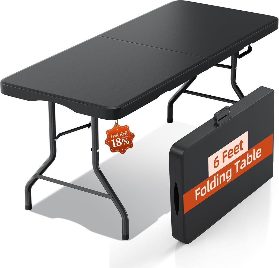 6FT Folding Table with Carrying Handle: Upgrade Thickened Heavy Duty Portable Foldable Table | Perfect Plastic Tables for Party, Dining, Wedding, Events, Picnic Indoor, Outdoor, Camping, Utility Black