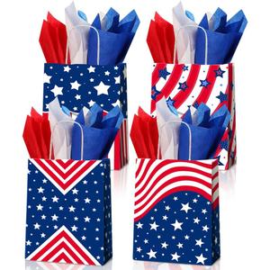 JOYGATHER 24 Pcs Patriotic Party Favors Bags with 24 Tissue Paper, USA American Flag Gift Goodie Kraft Paper Bags for 4th Of July Independence Day Veterans Day Memorial Day Birthday Party