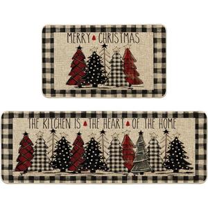 Artoid Mode Buffalo Plaid Xmas Tree Merry Christmas Kitchen Mats Set of 2, Winter Home Decor Low-Profile Kitchen Rugs for Floor - 17x29 and 17x47 Inch (Black/Beige)