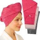Cotton Hair Wrap Towels for Women, (Pack of 3 - Raspberry, Pink & Grey) Head Towel Cap, Cotton Hair Turban Towel Wrap for Long Curly Anti Frizz Hair, Soft and Absorbent Cotton Hair Towels
