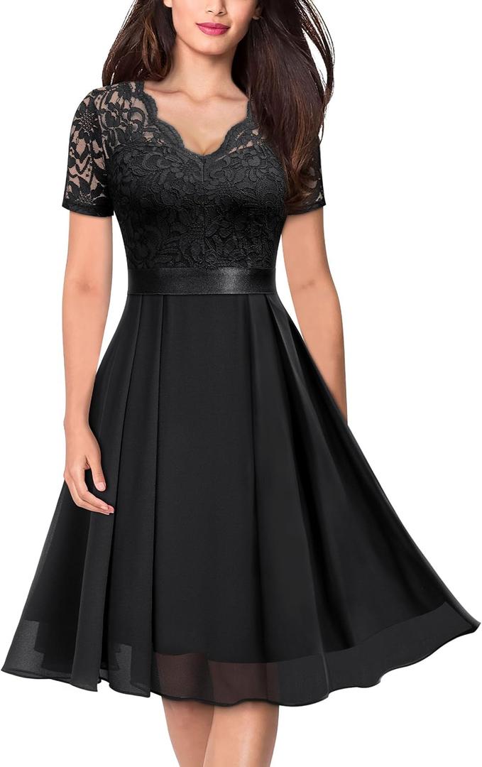 MISSMAY Women's Vintage V-Neck Floral Lace Contrast Chiffon Prom Party Dress (Black, XL)