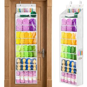 Yarn Storage Organizer, Yarn Holder Over the Door Hanging Crochet Kit Storage with 5 Zippered Compartments, Large Capacity Sewing Organizer Gifts for Knitters Needles Storage Crochet Hooks (White)