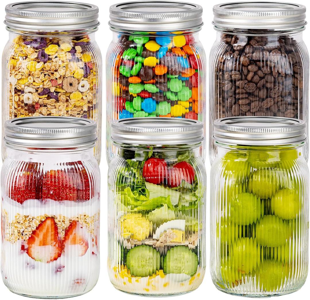 LUODA MirthMood 32 OZ Wide Mouth Mason Jars, 6 Pack Glass Mason Jars With Airtight Lids, Quart Mason Jars Wide Mouth For Fermenting, Pickling, Freezing, Preserving, Meal Prep, Jar Decor