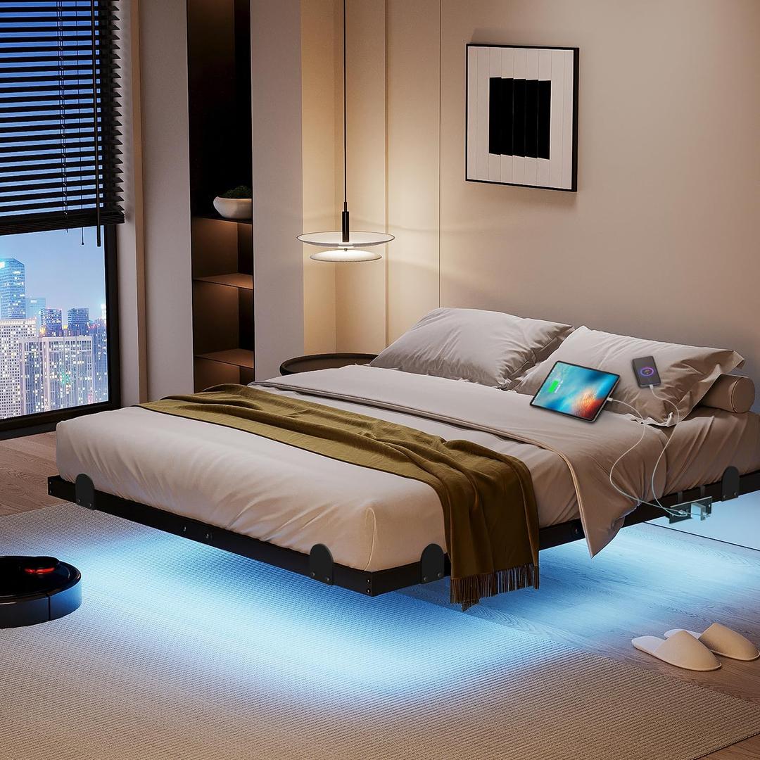 10 Inch Floating Queen Bed Frame with Smart LED Lights and Charging Station, Modern Metal Queen Bed Frame, Easy to Assemble, No Box Spring Needed (Queen)
