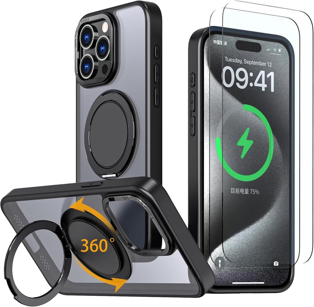 Magnetic Stand Case for iPhone 14 Pro [with 2 Tempered Glass Film] [360 Rotation Magnetic Stand] [Compatible with Magsafe] Military-Grade Drop Protection Case, Black