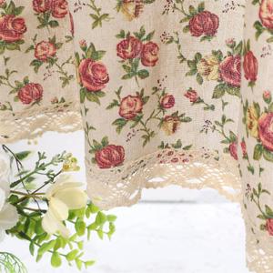 Farmhouse Cotton Linen Tier Curtain 15.7 Inch Long Elegant Floral Lace Window Valance Kitchen Bathroom Short Curtain, 1 Panel, Blooming Roses on Beige