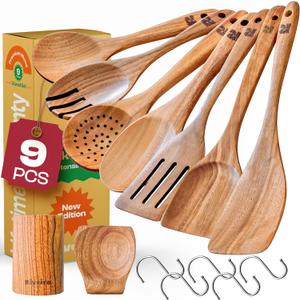 Riveira 9 Pieces Teak Wooden Spoons For Cooking  Premium & Durable Organic Teak Wooden Cooking Utensils  Non Stick Wooden Spatula For Cooking  Non Toxic Utensil Set With Holder & Spoon Rest