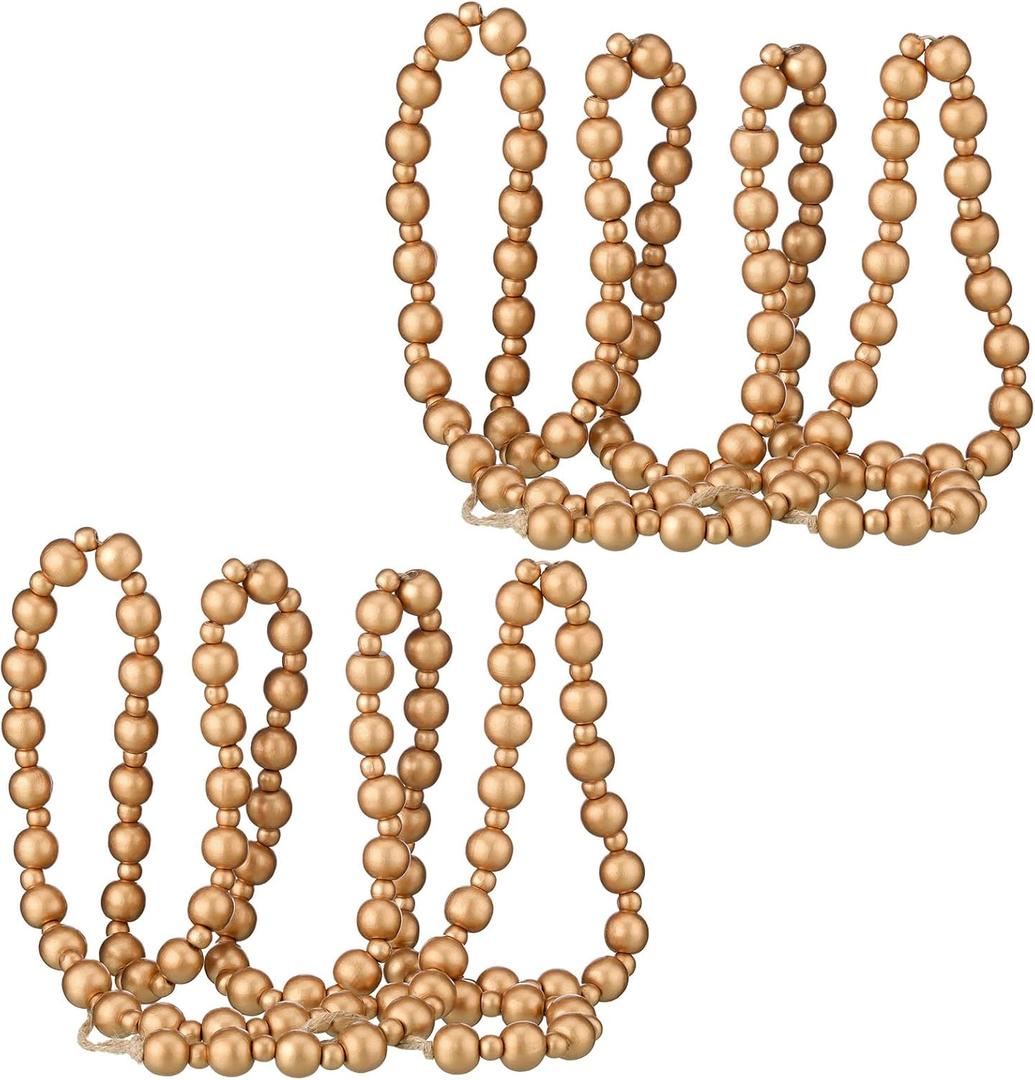 2 Pcs/ 14.4 Feet Christmas Wooden Beads Garland Xmas Wooden Tree Beads Rustic Round Craft Decorative Christmas Tree Farmhouse Decor Boho Vintage Garland for Decoration Supplies(Gold)