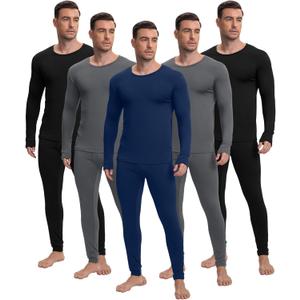 Patelai 5 Sets Men's Thermal Underwear Fleece Base Layer Set Winter Base Layer Cold Weather Top Bottom (XX-Large, Black, Grey, Dark Blue)