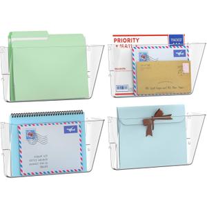 Gawerk 4 Pack Clear Single Pocket Wall File Holder Hanging Wall Organizer, Wall Mount Mails Magazines Organizer for Office and Home