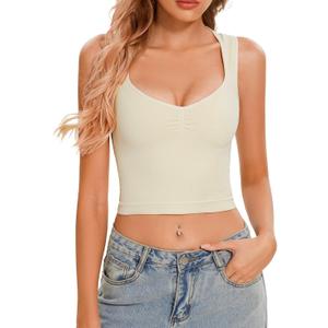 CHYRII Womens Square V Neck Tank Tops Sleeveless Summer Going Out Workout Yoga Basic Crop Tops (Medium, Beige)