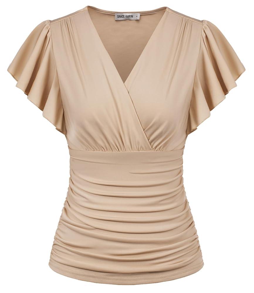 GRACE KARIN 2025 Womens Tops Summer Wrap Blouse V Neck Ruffle Sleeve Dressy Casual Top Ruched Trendy Clothes