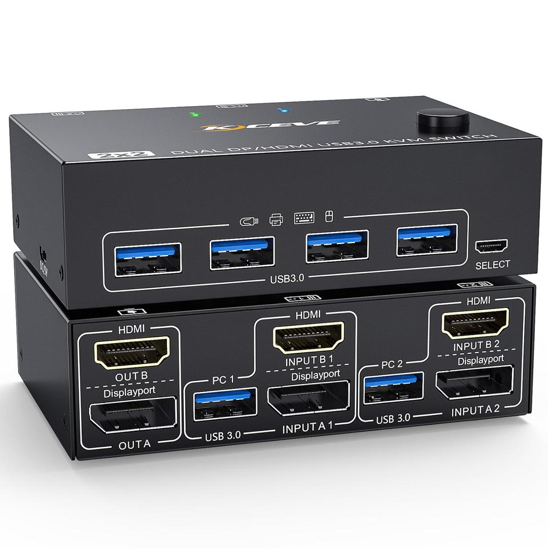 HDMI USB 3.0 KVM Switch for 2 Computers, Dual Monitor DisplayPort KVM Switcher Supports 8K@60Hz 4K144Hz, Share Keyboard, Mouse and Monitor