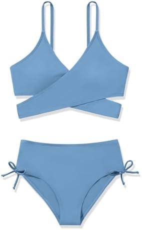 ESHOO Girls Swimsuits 2 Piece Bathing Suit Cute Bikini Sets V Neck Criss Cross Swimwear with Chest Pad for Teen Girls Size 11-12 Years