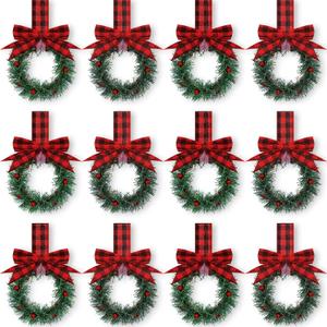 Retrowavy 12 Pcs Christmas Kitchen Cabinet Wreaths with Ribbon 3.94 Inch Mini Christmas Wreath Small Kitchen Xmas Decor for Window Door(Red and Black Plaid,Stylish Style)
