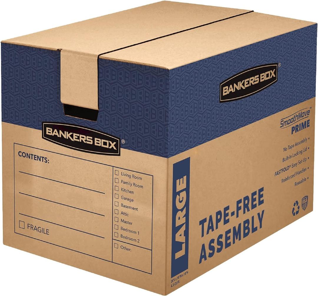 Bankers Box Large Prime Moving Box 6 Pack, Reinforced Handles, Tape-Free Assembly, Attached Lid, 18-in x 18-in x 24-in (0062904)