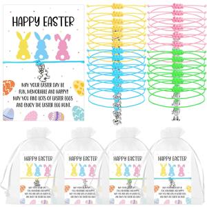 Tondiamo 24 Pcs Easter Gifts for Girls Adjustable Bunny Bracelets Christian Easter Rabbit Bracelets Cute Bulk Multicolor Bunny with Card and Mesh Bags for Women Teens