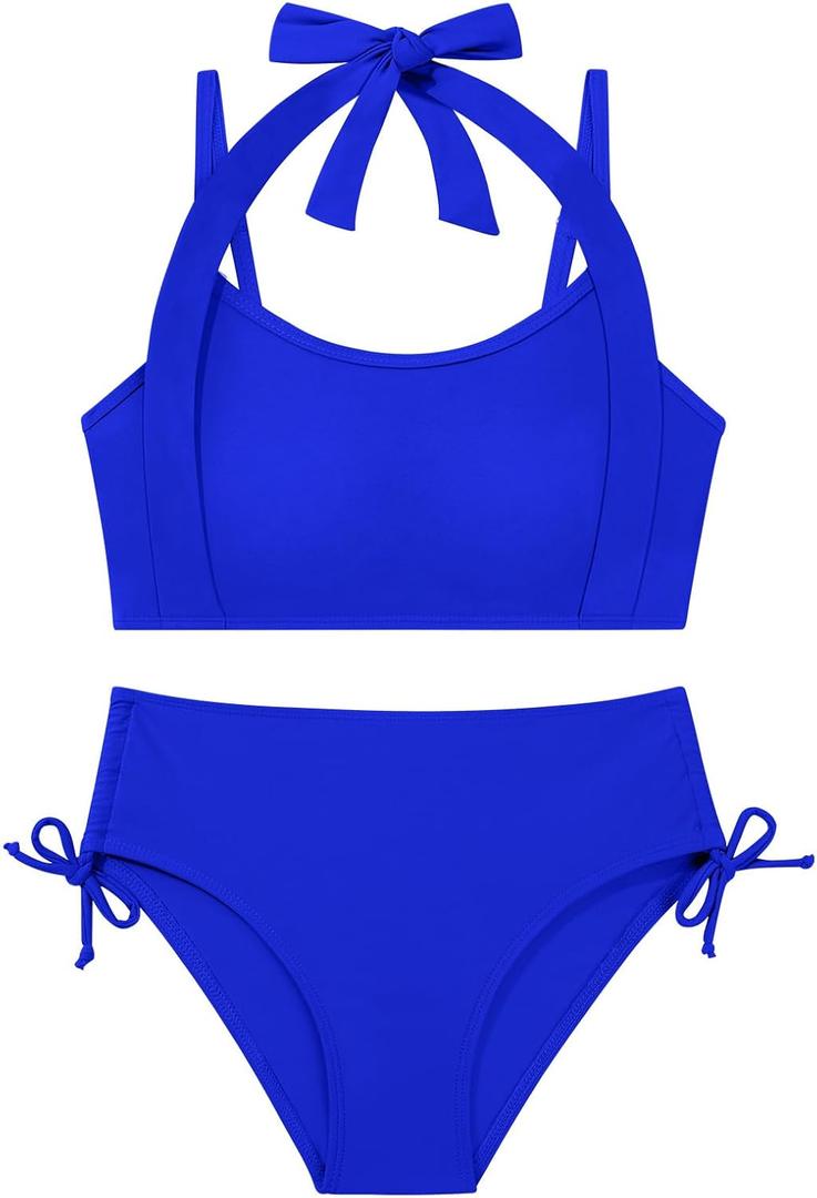 9-16Y Teens Girls Bikini Sets 2 Piece Halterneck Swimsuit Adjustable Straps Bathing Suits Swimwear with Drawstring (9-10 Years, Royal Blue)