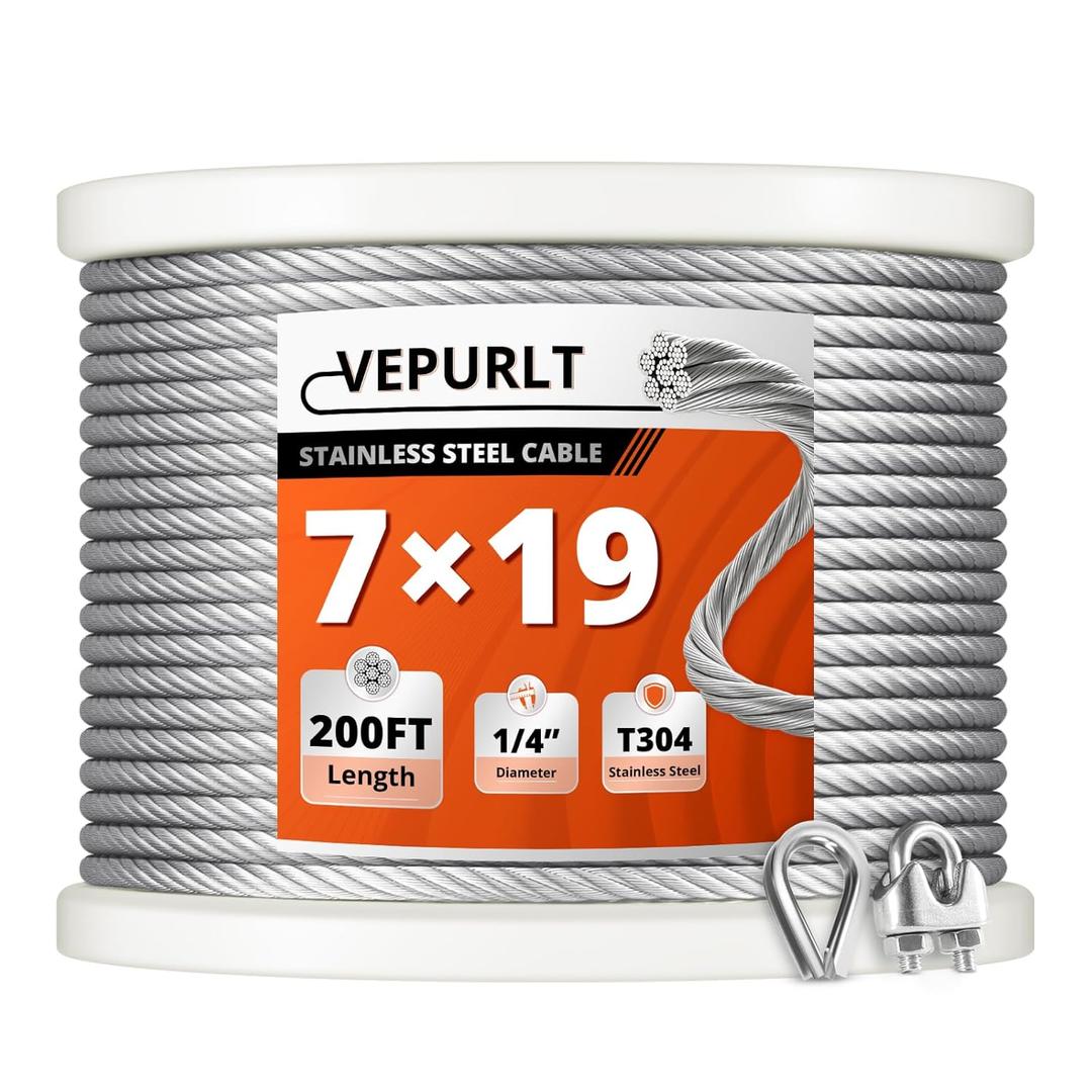 150FT 1/4" Thickened Stainless Steel Cable, 7x19 Strand Wire Rope with Clamps & Thimbles, 6400lbs Breaking Strength for Zipline, String Light Hanging, Clotheslines and DIY Projects