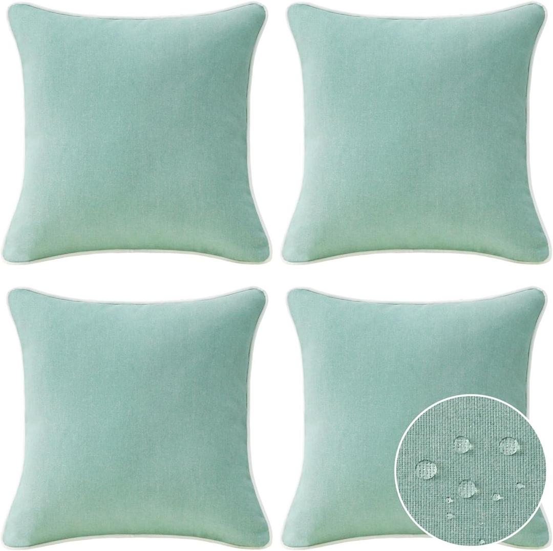 Decorative Outdoor Waterproof Throw Pillows with Inserts, Set of 4, 18" x18" Pillows for Patio, Backyard, Bed, Couch, and Patio Furniture, Aqua Green