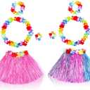 Fortuning's JDS 3 Sets Girl's Elastic Hawaiian Hula Dance Grass Skirt with Flower Costume Set for Luau Tropical Beach Party (Pink Purple Blue + Pink)